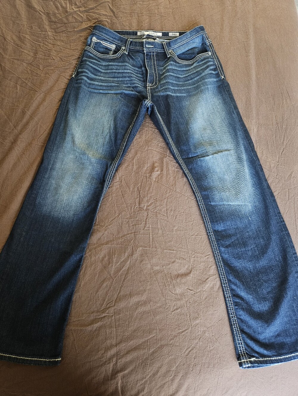 BKE Derek Bootleg men's jeans in a dark blue wash with faded/whiskered detailing